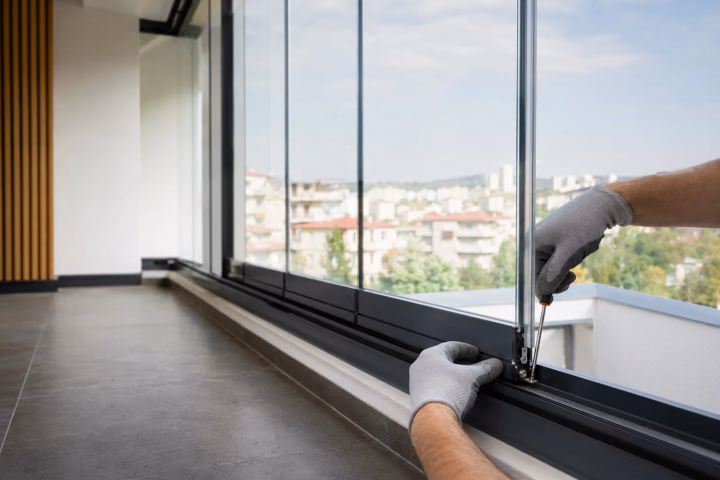 Cam balkon rayı ve hareketli parçalarının bakım görünümü